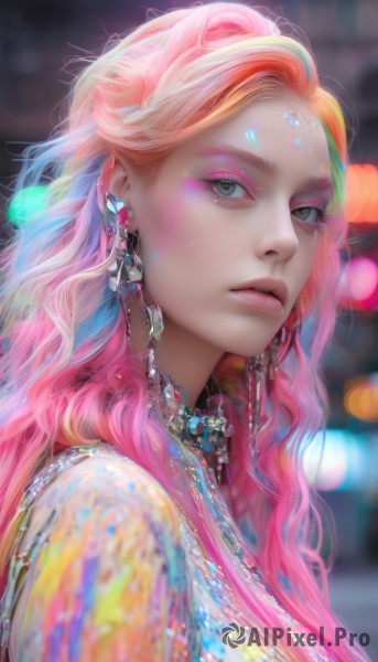 1girl,solo,long hair,looking at viewer,jewelry,closed mouth,blue hair,upper body,pink hair,multicolored hair,earrings,artist name,necklace,blurry,from side,lips,see-through,grey eyes,eyelashes,makeup,depth of field,blurry background,watermark,wavy hair,gem,portrait,eyeshadow,realistic,nose,eyeliner,bokeh,mascara,blue eyes,blonde hair,green eyes,parted lips,choker,orange hair,two-tone hair,facial mark,expressionless,lipstick,freckles,beads,pearl (gemstone)