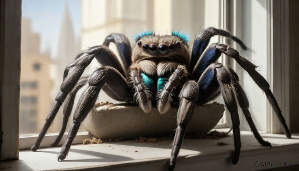 HQ,solo,looking at viewer,blue eyes,sitting,full body,outdoors,day,indoors,blurry,no humans,window,blurry background,shadow,glowing,bug,claws,monster,realistic,extra arms,extra eyes,arthropod girl,spider,standing,animal,monster girl,building,glowing eyes,spider girl,multiple legs