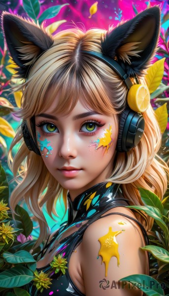 1girl,solo,long hair,breasts,looking at viewer,bangs,blonde hair,animal ears,bare shoulders,closed mouth,green eyes,yellow eyes,upper body,flower,multicolored hair,food,sleeveless,shiny,artist name,cat ears,medium hair,lips,clothing cutout,eyelashes,tattoo,makeup,fruit,fake animal ears,headphones,leaf,facial mark,plant,lipstick,portrait,eyeshadow,freckles,pink lips,yellow flower,nose,eyeliner,facepaint,mascara,lemon,paint splatter,animal ear headphones,cat ear headphones,from side,fox ears,tank top,paint,lemon slice