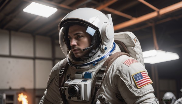 brown hair,1boy,brown eyes,upper body,male focus,multiple boys,solo focus,indoors,dark skin,bag,blurry,depth of field,blurry background,facial hair,backpack,helmet,fire,realistic,pilot suit,american flag,spacesuit,japanese flag,pilot,united states,astronaut,solo,closed mouth,lips,microphone,1other,science fiction,serious,aircraft,looking afar,flag print,spacecraft,torch,space helmet,american flag print