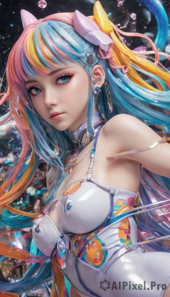 1girl,solo,long hair,breasts,looking at viewer,bangs,blue eyes,blonde hair,hair ornament,cleavage,bare shoulders,jewelry,medium breasts,closed mouth,blue hair,upper body,pink hair,multicolored hair,earrings,armpits,necklace,orange hair,blurry,two-tone hair,leotard,lips,aqua hair,makeup,detached collar,realistic,nose,white leotard,shiny,artist name,from side,shiny skin,eyelashes,gradient hair,expressionless,strap slip,shiny clothes,space,mascara