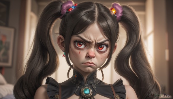 1girl,solo,long hair,looking at viewer,brown hair,black hair,hair ornament,red eyes,bare shoulders,twintails,jewelry,closed mouth,upper body,flower,earrings,indoors,hair flower,blurry,lips,blood,blurry background,frown,brooch,gem,portrait,angry,realistic,nose,bangs,dress,sidelocks,frills,parted bangs,pillow,eyelashes,bed,sunlight,backlighting,freckles,serious,blood on face