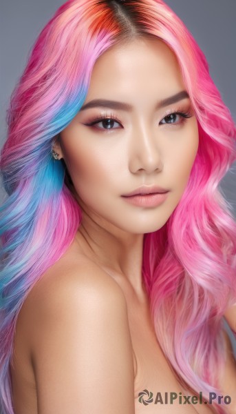 1girl,solo,long hair,breasts,looking at viewer,smile,blue eyes,simple background,jewelry,medium breasts,closed mouth,blue hair,upper body,pink hair,nude,multicolored hair,earrings,grey background,black eyes,two-tone hair,lips,gradient,gradient background,eyelashes,gradient hair,makeup,piercing,ear piercing,eyeshadow,realistic,nose,mascara,cleavage,bare shoulders,artist name,grey eyes,wavy hair,portrait