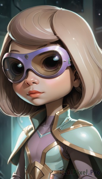 1girl,solo,breasts,looking at viewer,smile,short hair,bangs,brown hair,brown eyes,closed mouth,upper body,shiny,cape,armor,lips,bodysuit,capelet,bob cut,goggles,nose,small breasts,artist name,makeup,swept bangs,lipstick,high collar,superhero