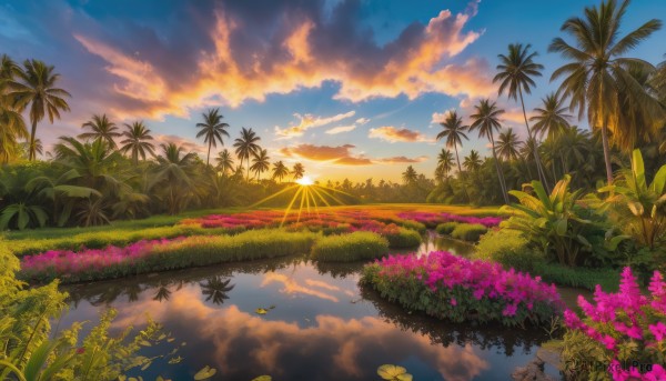 flower, outdoors, sky, cloud, water, tree, no humans, cloudy sky, grass, plant, nature, scenery, reflection, sunset, palm tree, sun