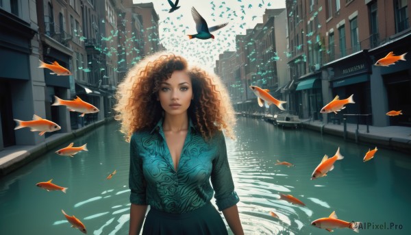 1girl,solo,long hair,breasts,looking at viewer,skirt,brown hair,shirt,cleavage,brown eyes,medium breasts,collarbone,outdoors,collared shirt,dark skin,water,dark-skinned female,lips,bird,animal,blue shirt,building,scenery,reflection,fish,curly hair,city,realistic,nose,arms at sides,big hair,surreal,goldfish,black hair,standing,upper body,parted lips,day,window,makeup,sunlight,sleeves rolled up,backlighting,green shirt,road,street,sleeves pushed up,afro,reflective water,crosswalk,vanishing point