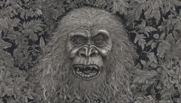 solo,looking at viewer,smile,open mouth,1boy,monochrome,greyscale,male focus,teeth,no humans,facial hair,leaf,traditional media,portrait,beard,horror (theme),plant,realistic,old,old man