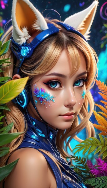 1girl,solo,long hair,looking at viewer,bangs,blue eyes,blonde hair,animal ears,bare shoulders,closed mouth,upper body,flower,sleeveless,artist name,cat ears,mole,from side,lips,animal ear fluff,fox ears,eyelashes,mole under eye,makeup,fake animal ears,headphones,leaf,facial mark,plant,lipstick,portrait,eyeshadow,headset,freckles,pink lips,nose,red lips,eyeliner,mascara,hairband,blurry,facepaint,animal ear headphones,cat ear headphones