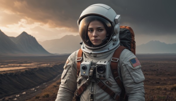 1girl,solo,looking at viewer,short hair,brown hair,black hair,brown eyes,closed mouth,upper body,outdoors,sky,cloud,bag,lips,backpack,helmet,star (sky),scenery,mountain,realistic,camera,american flag,spacesuit,space helmet,astronaut,zipper,science fiction,planet,landscape,japanese flag,united states