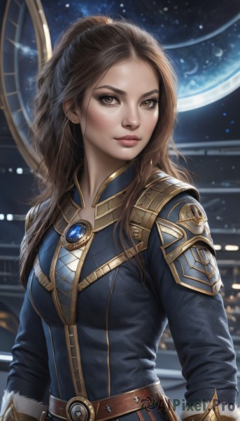 1girl,solo,long hair,breasts,looking at viewer,brown hair,gloves,long sleeves,brown eyes,jewelry,medium breasts,closed mouth,upper body,ponytail,belt,signature,armor,lips,fur trim,brooch,star (sky),realistic,nose,space,planet,earth (planet),makeup