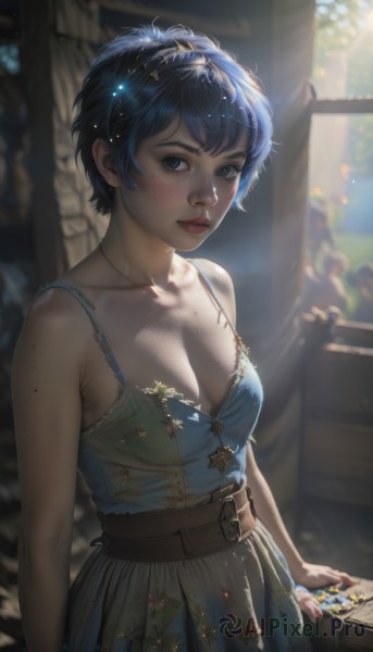 1girl,solo,breasts,looking at viewer,short hair,bangs,blue eyes,dress,holding,cleavage,bare shoulders,jewelry,medium breasts,closed mouth,blue hair,standing,collarbone,cowboy shot,small breasts,sleeveless,solo focus,day,belt,artist name,indoors,necklace,mole,blurry,lips,bare arms,eyelashes,window,sleeveless dress,depth of field,blurry background,blue dress,watermark,sunlight,tiara,gem,web address,camisole,freckles,realistic,nose,spaghetti strap,brown belt,mole on neck,blush,black hair,upper body,bracelet,floral print,green dress