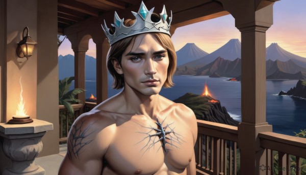 solo,looking at viewer,short hair,brown hair,1boy,brown eyes,closed mouth,nipples,collarbone,upper body,male focus,outdoors,sky,artist name,water,lips,muscular,fire,crown,pectorals,plant,muscular male,topless male,sunset,mountain,realistic,candle,blue eyes,tattoo,scar,parody,thick eyebrows,bara,large pectorals,lantern,scar on chest