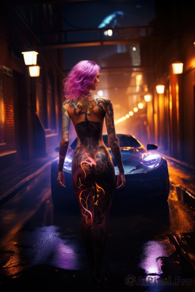 1girl,solo,long hair,short hair,standing,full body,pink hair,ass,nude,outdoors,dark skin,medium hair,from behind,blurry,dark-skinned female,tattoo,night,back,ground vehicle,motor vehicle,walking,city,car,road,arm tattoo,lamppost,street,leg tattoo,back tattoo,sports car,full-body tattoo,looking at viewer,jewelry,purple hair,earrings,looking back,makeup,blurry background,lipstick,building,neon lights