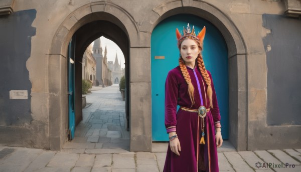 1girl,solo,long hair,looking at viewer,blonde hair,long sleeves,dress,animal ears,brown eyes,jewelry,closed mouth,standing,braid,outdoors,day,orange hair,twin braids,bracelet,lips,coat,crown,building,hair over shoulder,robe,door,pillar,hallway,red hair,scenery,freckles,arch