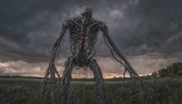 solo,standing,outdoors,sky,cloud,tree,no humans,glowing,cloudy sky,grass,robot,scenery,claws,science fiction,monster,field,ribs,skeleton,horror (theme),teeth,plant