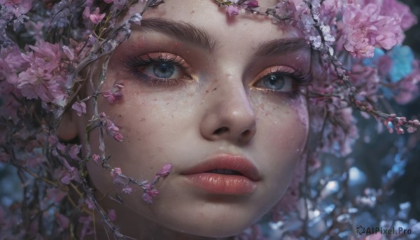 1girl, solo, looking at viewer, blue eyes, flower, parted lips, blurry, lips, eyelashes, makeup, cherry blossoms, portrait, close-up, pink flower, freckles, realistic, nose, branch