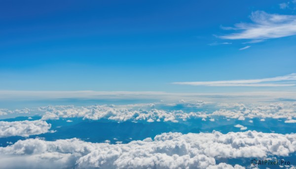 monochrome,outdoors,sky,day,cloud,blue sky,no humans,ocean,cloudy sky,scenery,blue theme,horizon,landscape,above clouds,water