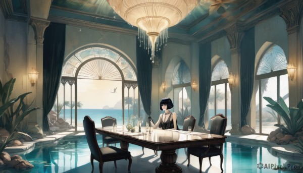 1girl,solo,breasts,looking at viewer,smile,short hair,bangs,blue eyes,black hair,dress,holding,bare shoulders,jewelry,sitting,closed mouth,blue hair,sleeveless,choker,day,indoors,blunt bangs,water,black dress,tree,cup,window,sleeveless dress,bird,chair,looking away,table,sunlight,bob cut,own hands together,plant,curtains,scenery,holding cup,plate,reflection,teacup,palm tree,potted plant,lamp,teapot,wide shot,on chair,vase,ceiling light,chandelier,cleavage,sky,artist name,necklace,black eyes,bare arms,ocean,drinking glass,fork,candle