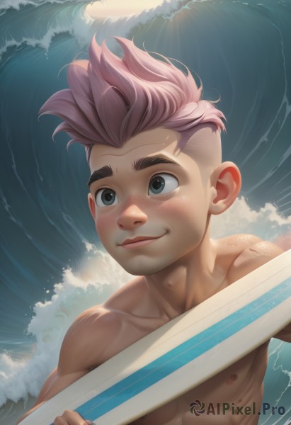 solo,blush,smile,short hair,1boy,holding,closed mouth,nipples,upper body,weapon,pink hair,male focus,outdoors,day,sword,artist name,water,holding weapon,muscular,ocean,holding sword,abs,thick eyebrows,pectorals,muscular male,bara,freckles,topless male,male child,undercut,waves,surfboard,blue eyes,nude,sky,cloud,watermark,scar,realistic