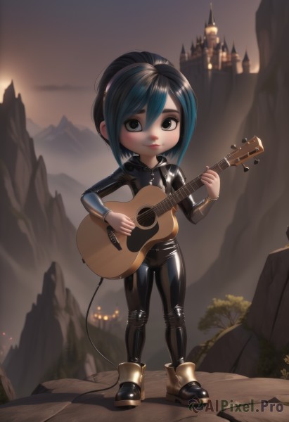 1girl,solo,looking at viewer,smile,short hair,black hair,holding,closed mouth,blue hair,standing,full body,ponytail,multicolored hair,boots,outdoors,shiny,signature,chibi,black eyes,lips,bodysuit,instrument,child,skin tight,shiny clothes,music,black bodysuit,guitar,leather,playing instrument,holding instrument,latex,castle,latex bodysuit,leather pants,hair between eyes,grey eyes,electric guitar,cliff