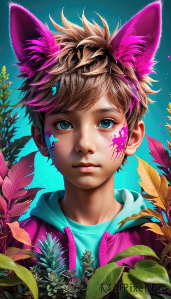 solo,looking at viewer,short hair,bangs,blue eyes,blonde hair,brown hair,shirt,1boy,animal ears,closed mouth,jacket,upper body,pink hair,flower,male focus,multicolored hair,artist name,cat ears,hood,aqua eyes,lips,gradient,eyelashes,hoodie,leaf,blue background,facial mark,hood down,feathers,plant,portrait,extra ears,freckles,realistic,nose,pink jacket,facepaint,male child,cat boy,paint splatter,pink hoodie,paint splatter on face,blood,fake animal ears,watermark,wolf ears,blue shirt,child,web address,blood on face,aqua background,paint,splatter