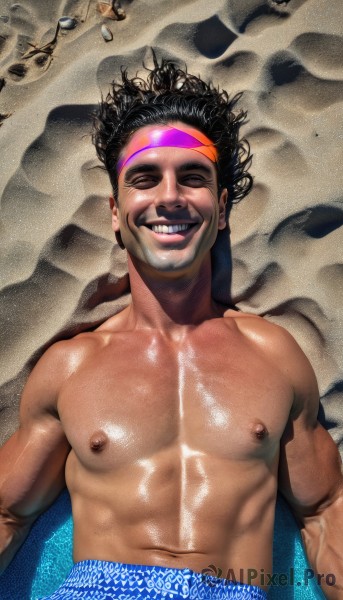 solo,smile,black hair,1boy,navel,nipples,closed eyes,upper body,male focus,hairband,lying,teeth,shiny,dark skin,on back,grin,lips,shiny skin,muscular,headband,facial hair,beach,abs,dark-skinned male,pectorals,muscular male,veins,topless male,realistic,sand,afro,bara,curly hair,manly,shell,male swimwear