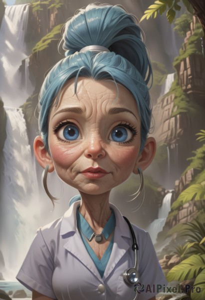 1girl,solo,long hair,breasts,looking at viewer,blue eyes,shirt,jewelry,closed mouth,blue hair,upper body,ponytail,short sleeves,earrings,outdoors,day,collared shirt,water,lips,wet,high ponytail,blue shirt,freckles,veins,realistic,nose,waterfall,stethoscope,cleavage,medium breasts,white shirt,eyelashes,scar,plant,rock,labcoat