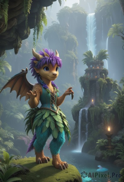 solo,smile,blue eyes,1boy,jewelry,standing,tail,full body,purple hair,flower,male focus,outdoors,wings,horns,water,necklace,tree,leaf,grass,plant,nature,scenery,claws,furry,dragon horns,fantasy,dragon,dragon tail,furry male,waterfall,dragon wings,moss,1girl,blue hair,sky,pointy ears,artist name,bird,fire,feathers,feathered wings,rock,furry female,candle