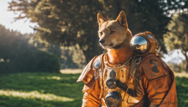 solo,1boy,upper body,male focus,outdoors,day,cape,armor,blurry,tree,no humans,depth of field,blurry background,animal,shoulder armor,nature,furry,1other,pauldrons,dog,animal focus,closed mouth,jacket,sunlight,cat,helmet,science fiction,animal on shoulder,orange jacket,ambiguous gender,gas mask,spacesuit,space helmet,astronaut