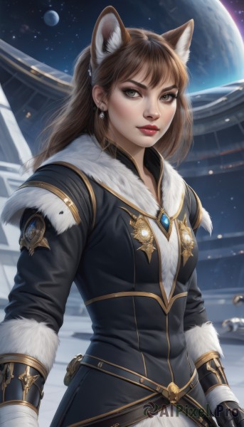 1girl,solo,long hair,looking at viewer,bangs,brown hair,gloves,long sleeves,animal ears,brown eyes,jewelry,closed mouth,earrings,sky,belt,artist name,cat ears,lips,coat,animal ear fluff,fur trim,makeup,moon,lipstick,gem,star (sky),extra ears,nose,red lips,space,planet,earth (planet),breasts,upper body,ponytail,weapon,wolf ears,realistic,architecture