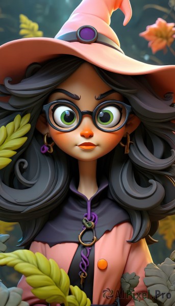 1girl,solo,long hair,looking at viewer,black hair,hat,jewelry,green eyes,upper body,flower,earrings,glasses,artist name,dark skin,mole,blurry,dark-skinned female,lips,makeup,witch hat,leaf,lipstick,zipper,freckles,black-framed eyewear,curly hair,round eyewear,witch,mole above mouth