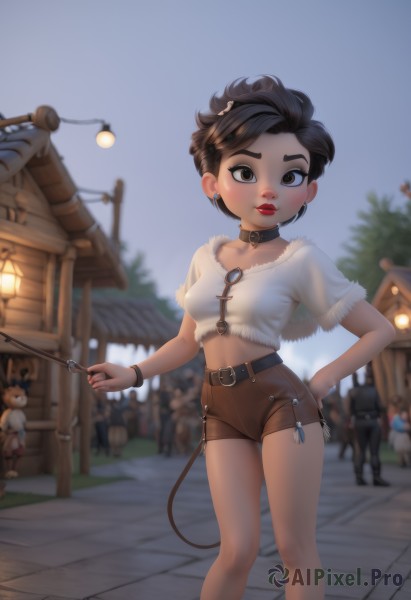 1girl,breasts,looking at viewer,short hair,brown hair,shirt,black hair,navel,holding,brown eyes,jewelry,standing,collarbone,white shirt,short sleeves,earrings,small breasts,outdoors,parted lips,sky,shorts,solo focus,choker,day,midriff,belt,blurry,collar,bracelet,lips,crop top,hand on hip,short shorts,makeup,depth of field,blurry background,stuffed toy,lipstick,building,child,leash,red lips,road,very short hair,brown shorts,street,tomboy,riding crop,holding leash,solo,tree,feet out of frame,piercing,lantern