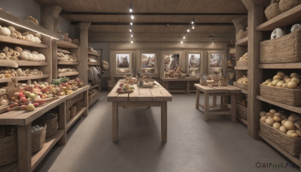 food,indoors,cup,no humans,fruit,chair,table,bottle,scenery,plate,apple,basket,bread,shelf,shop,vegetable,ceiling light,bowl,wooden floor,light,ceiling