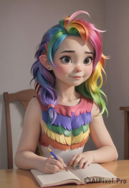 1girl,solo,long hair,blush,smile,blonde hair,hair ornament,dress,holding,bare shoulders,jewelry,sitting,closed mouth,blue hair,collarbone,upper body,pink hair,purple hair,multicolored hair,earrings,green hair,sleeveless,pointy ears,hairclip,artist name,indoors,nail polish,black eyes,lips,grey eyes,book,bare arms,eyelashes,sleeveless shirt,gradient hair,makeup,watermark,chair,table,feathers,hair over shoulder,multicolored clothes,desk,personification,freckles,open book,nose,pen,pencil,notebook,drawing,holding pencil,rainbow hair,blue eyes,shirt,green eyes,two-tone hair,aged down