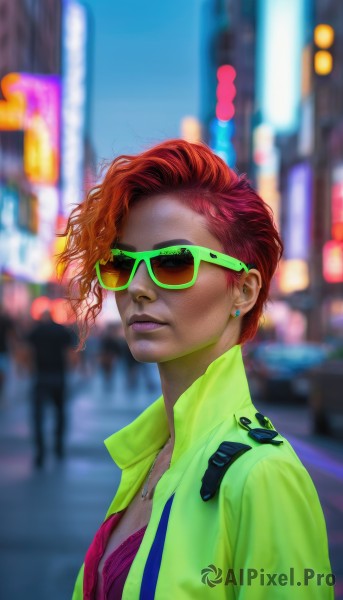 1girl,solo,breasts,looking at viewer,short hair,shirt,jewelry,jacket,upper body,red hair,earrings,outdoors,open clothes,solo focus,dark skin,necklace,orange hair,blurry,dark-skinned female,lips,makeup,depth of field,blurry background,sunglasses,lipstick,asymmetrical hair,city,realistic,nose,stud earrings,tinted eyewear,aviator sunglasses,cleavage,night,green-framed eyewear