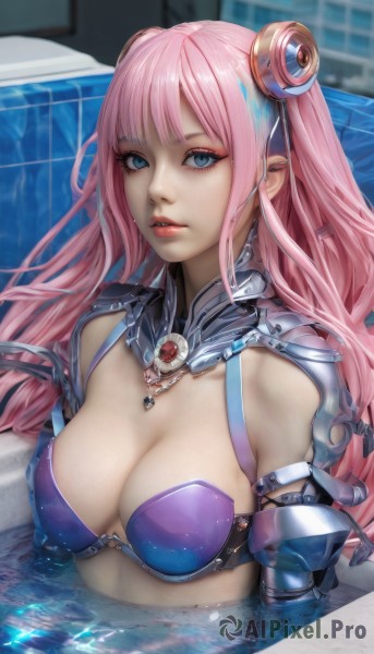 1girl,solo,long hair,breasts,looking at viewer,bangs,blue eyes,large breasts,hair ornament,cleavage,jewelry,medium breasts,swimsuit,upper body,pink hair,bikini,parted lips,water,necklace,armor,lips,wet,partially submerged,realistic,pool,purple bikini,bikini armor,earrings,eyelashes,detached collar