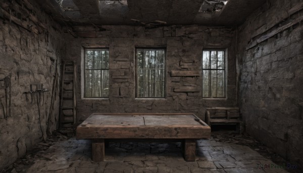 day,indoors,no humans,window,chair,table,sunlight,scenery,door,wall,ruins,broken window,brick wall,ceiling,stone wall,brick,cracked wall