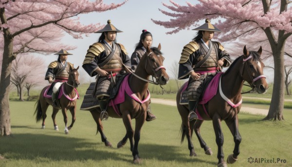 long hair,black hair,long sleeves,hat,holding,closed mouth,weapon,male focus,outdoors,japanese clothes,multiple boys,day,sword,2boys,holding weapon,armor,tree,facial hair,animal,holding sword,3boys,grass,cherry blossoms,shoulder armor,sheath,riding,japanese armor,horse,topknot,horseback riding,saddle,smile,sky,scar,katana,4boys,sheathed,5boys,samurai,jingasa