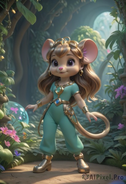 1girl,solo,long hair,looking at viewer,smile,bangs,brown hair,shirt,animal ears,jewelry,closed mouth,standing,purple eyes,collarbone,tail,full body,flower,short sleeves,earrings,outdoors,day,belt,pants,artist name,signature,necklace,blurry,flat chest,bracelet,tree,:3,sunlight,grass,tiara,blue shirt,plant,gem,child,nature,furry,forest,mouse ears,fantasy,furry female,mouse tail,body fur,mushroom,animal nose,brown fur,mouse girl,brown eyes,boots,leaf,brown footwear,goggles,goggles on head,minigirl