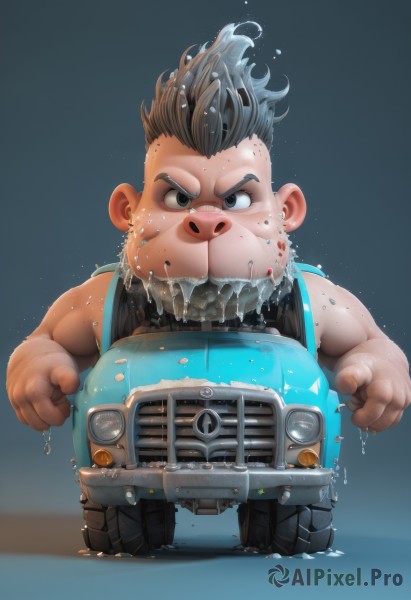 solo,looking at viewer,short hair,brown hair,black hair,1boy,standing,full body,male focus,artist name,water,chibi,black eyes,wet,blue background,ground vehicle,motor vehicle,clenched hands,car,fat,truck,undercut,dripping,dirty,mohawk