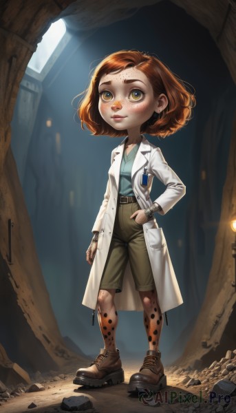 1girl,solo,looking at viewer,short hair,brown hair,shirt,long sleeves,brown eyes,jewelry,standing,full body,shoes,shorts,belt,medium hair,orange hair,lips,child,freckles,watch,hand in pocket,rock,labcoat,female child,wristwatch,polka dot legwear,blush,smile,green eyes,yellow eyes,boots,artist name,brown footwear,monster girl,nose,joints,cyborg,dirty,brown shorts,green shorts,dirty face,cave,dirty clothes