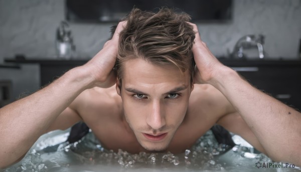 solo,looking at viewer,short hair,brown hair,1boy,closed mouth,male focus,nude,indoors,water,blurry,lips,blurry background,facial hair,pov,partially submerged,realistic,stubble,bathing,bathroom,bathtub,hands in hair,arm hair,hands on own head,blue eyes,lying,beard,chest hair,sink