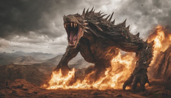 open mouth,red eyes,standing,tail,outdoors,sky,teeth,tongue,cloud,no humans,glowing,fangs,cloudy sky,fire,sharp teeth,glowing eyes,claws,spikes,smoke,monster,mountain,scales,giant,breathing fire,molten rock,kaijuu,multiple heads