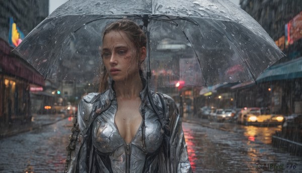 1girl, solo, long hair, breasts, blue eyes, brown hair, cleavage, medium breasts, upper body, outdoors, blurry, lips, wet, night, umbrella, ground vehicle, motor vehicle, rain, holding umbrella, realistic, car, road, transparent, street, cyberpunk, transparent umbrella