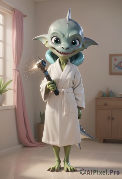 solo,looking at viewer,smile,open mouth,holding,green eyes,standing,tail,full body,weapon,:d,horns,barefoot,teeth,pointy ears,indoors,holding weapon,window,colored skin,knife,plant,sharp teeth,curtains,child,furry,single horn,1other,robe,female child,potted plant,male child,green skin,head fins,white robe,fish girl,goblin,digitigrade,bathrobe,1girl,blue eyes,long sleeves,green hair,artist name,wide sleeves,hair bun,black eyes,flat chest,fangs,watermark,happy,sunlight,monster girl,claws,toenails,blue skin,furry female,bald,fish tail,fins,picture (object),furrification,lizard tail