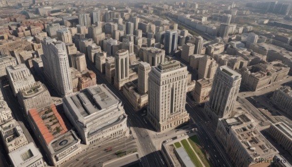 outdoors,sky,dutch angle,no humans,from above,building,scenery,city,cityscape,skyscraper,road