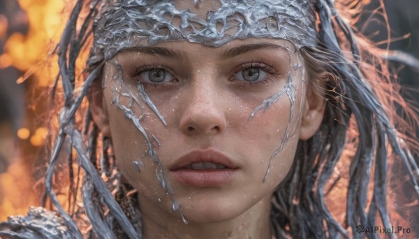 1girl,solo,looking at viewer,brown hair,black hair,brown eyes,parted lips,teeth,blurry,lips,grey eyes,depth of field,blurry background,portrait,close-up,freckles,realistic,eyelashes