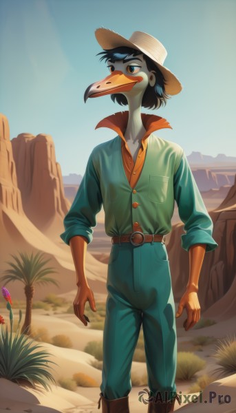 solo,short hair,blue eyes,shirt,black hair,1boy,hat,brown eyes,standing,flower,male focus,boots,outdoors,sky,day,collared shirt,belt,pants,tree,blue sky,mask,bird,grass,furry,sleeves rolled up,freckles,straw hat,desert,brown footwear,plant,orange shirt,jumpsuit