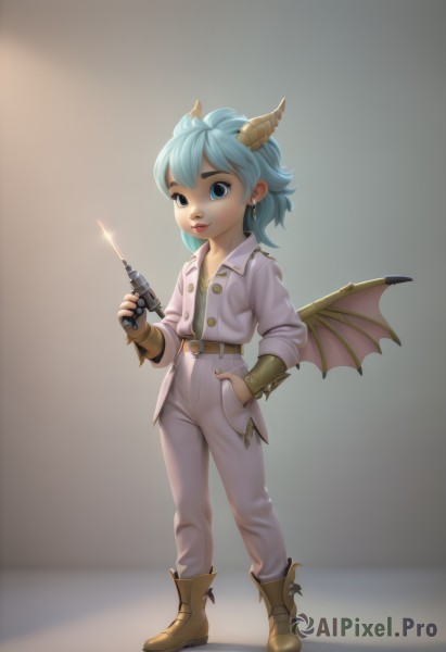 1girl,solo,looking at viewer,short hair,blue eyes,gloves,holding,jewelry,blue hair,standing,jacket,full body,weapon,earrings,boots,wings,horns,belt,pants,fingerless gloves,lips,gun,demon girl,bat wings,handgun,demon wings,hand in pocket,white pants,smile,shirt,long sleeves,collarbone,parted lips,holding weapon,brown footwear,white jacket,holding gun,single glove,glint,stud earrings