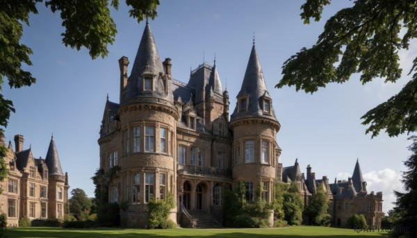 outdoors,sky,day,cloud,tree,blue sky,no humans,window,grass,building,nature,scenery,house,castle,tower,cloudy sky,fantasy,bush,architecture,bridge,church,arch